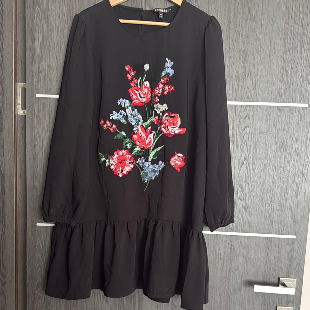 Express Black Dress with Red and Blue Floral Design